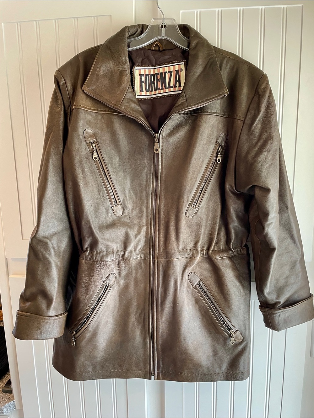 Forenza Dark Brown Genuine Leather Zip Jacket w/Adjustable Cinch Waist Size 16